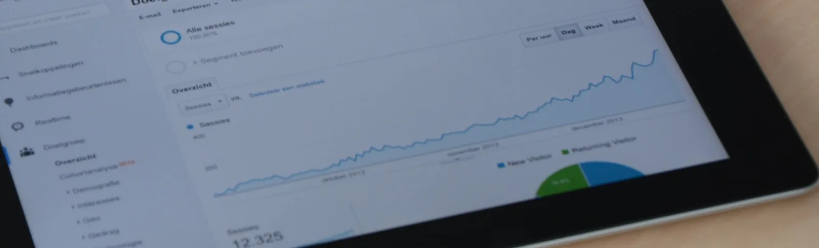 Tablet com relatório do Google Analytics mostrando o gráfico de sessões em crescimento